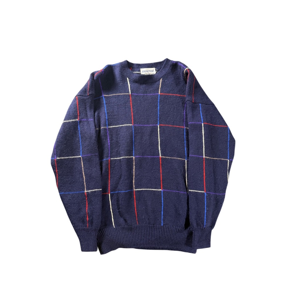 Braemar Vintage Navy Blue 100% Wool Windowpane Plaid Crewneck Sweater Mens